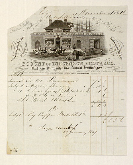 Artist: b'Devonshire, Henry.' | Title: b'Billhead: Dickenson Brothers. Hardware Merchants and General Ironmongers, Hobart Town.' | Date: c.1840 | Technique: b'line-engraving, printed in black ink, from one copper plate; pen and ink inscriptions'