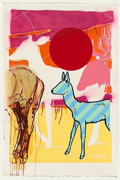 Title: b'No still eye deer [centre panel]' | Date: 2000 | Technique: b'screenprint, printed in coloured ink, from multiple stencils; stencil, sprayed in coloured aerosol paint, from multiple stencils'