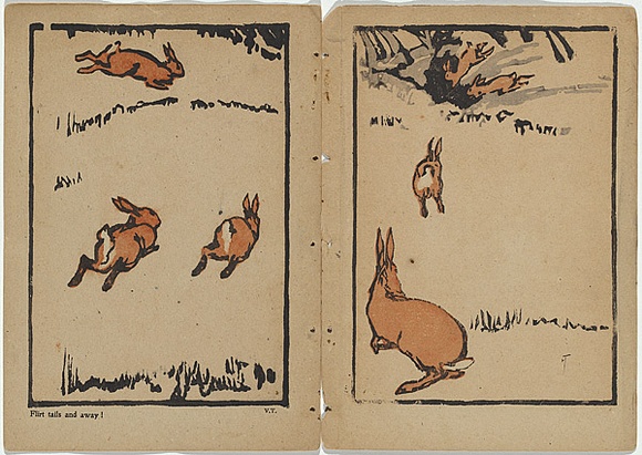 Artist: b'Rede, Geraldine.' | Title: b'not titled [flirt tails and away! Three leaping rabbits] [part image]' | Date: 1905 | Technique: b'woodcut, printed in colour in the Japanese manner, from multiple blocks; letter-press'