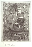 Artist: b'KARADADA, Rosie' | Title: b'not titled #7 [Wandjina with bush bucket]' | Date: 1995, proofed | Technique: b'etching, printed in black ink, from one plate'