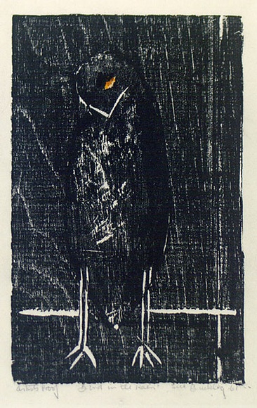 Artist: b'Buckley, Sue.' | Title: b'Bird in the rain.' | Date: 1961 | Technique: b'woodcut, printed in black ink, from one block; hand-coloured' | Copyright: b'This work appears on screen courtesy of Sue Buckley and her sister Jean Hanrahan'