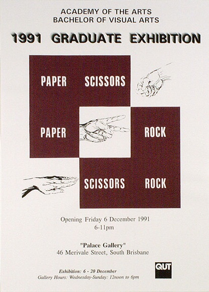 Artist: b'ACCESS 8' | Title: b'Academy of the Arts, Bachelor of Visual Arts: 1991 Graduate Exhibition.' | Date: 1991, November | Technique: b'screenprint, printed in black and maroon, from two stencils'