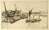 Artist: LONG, Sydney | Title: The river from Blackfriars Bridge | Date: 1925 | Technique: line-etching, drypoint printed in black ink from one copper plate | Copyright: Reproduced with the kind permission of the Ophthalmic Research Institute of Australia