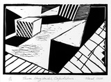 Artist: b'Ward, Mark.' | Title: b'3 haystacks, Oxfordshire' | Date: 1988 | Technique: b'linocut, printed in black ink, from one block'