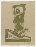 Artist: AMOR, Rick | Title: Not titled (seated nude). | Date: 1991 | Technique: woodcut, printed in green ink, from one block
