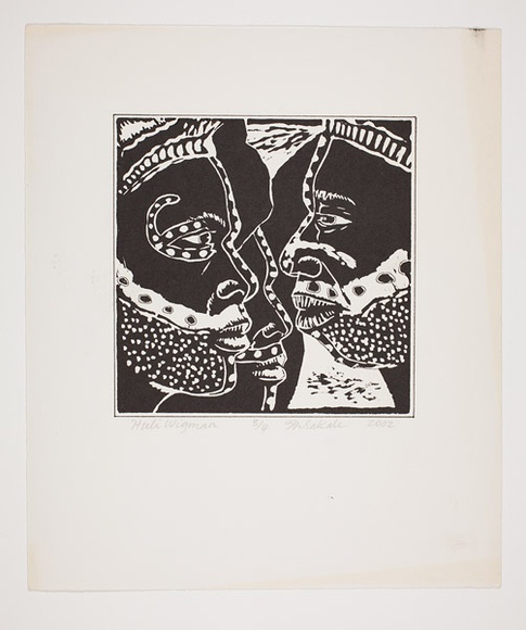 Artist: Sakale John, Laben. | Title: Huli wigman | Date: 2002 | Technique: linocut, printed in black ink, from one block; boarder drawn in black ink