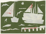 Artist: Blackman, Charles. | Title: not titled [boats and jetty]. | Date: c.1952 | Technique: screenprint, printed in white ink, from one stencil