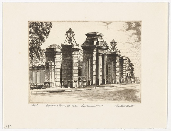 Artist: b'PLATT, Austin' | Title: b'Oxford and Queen St Gates, Centennial Park, Sydney' | Date: c.1987 | Technique: b'etching, printed in black ink, from one plate'