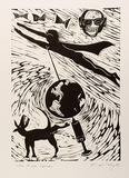 Artist: b'COLEING, Tony' | Title: b'Where to now, Superman?.' | Date: 1983 | Technique: b'linocut, printed in black ink, from one block'