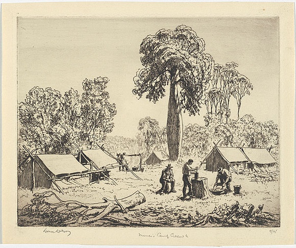 Artist: b'LINDSAY, Lionel' | Title: bMiner's camp, Cracow, Queensland | Date: 1932 | Technique: b'etching, printed in black ink with plate-tone, from one plate' | Copyright: b'Courtesy of the National Library of Australia'