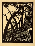 Artist: Stephen, Clive. | Title: (Woodcutter in forest) | Date: c.1948 | Technique: linocut, printed in black ink, from one block