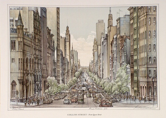 Artist: b'Freedman, Harold.' | Title: b'Collins Street - from Queens Street.' | Date: 1962 | Technique: b'lithograph'