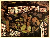 Artist: b'Adams, Tate.' | Title: b'(Village in Mourne).' | Date: (1954) | Technique: b'linocut, printed in colour, from four blocks'