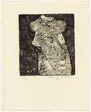 Artist: b'WALKER, Murray' | Title: b'(Woman in patterned dress and hat)' | Technique: b'etching, printed in black ink, from one plate'