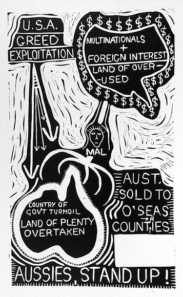 Artist: b'Bruton, Nevan.' | Title: bAussies stand up! (Poster supporting SEC maintenance workers' strike, La Trobe Valley, Victoria, 1977). | Date: (1977) | Technique: b'linocut, printed in black ink, from one block'