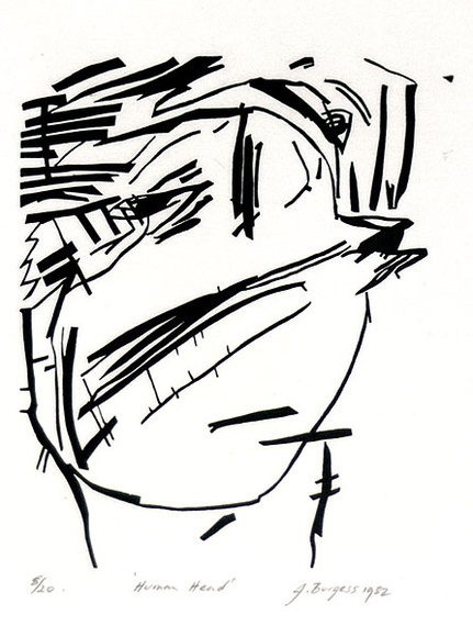 Artist: b'Burgess, Jeff.' | Title: b'Human head.' | Date: 1982 | Technique: b'linocut, printed in black ink, from one block'