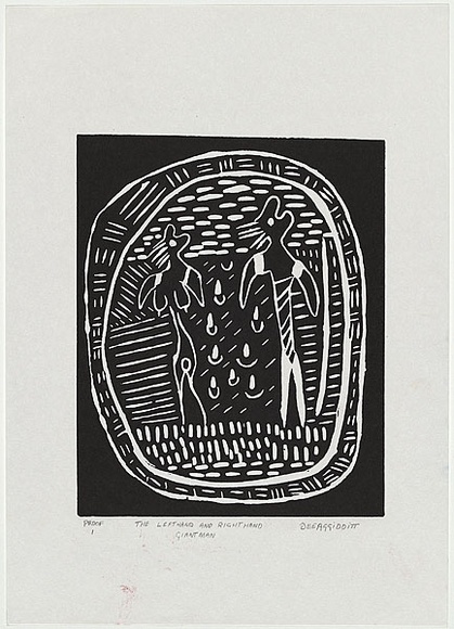 Artist: b'Deeaggadditt Phillips, Dennis.' | Title: b'The left hand and right hand giant man.' | Date: 1986 | Technique: b'linocut, printed in black ink, from one block'