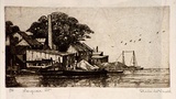 Artist: McDonald, Sheila. | Title: Longnose Point [recto]; (House with trees by the harbour edge) [verso] | Date: c.1932 | Technique: [recto] etching, aquatint printed in brown ink with plate-tone[verso] intaglio [verso] etching, aquatint printed in brown ink with plate-tone and red fibre-tipped pen