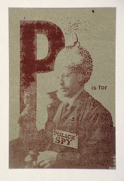 Title: b'Postcard: P is for police spy' | Technique: b'screenprint, printed in brown ink, from one stencil'