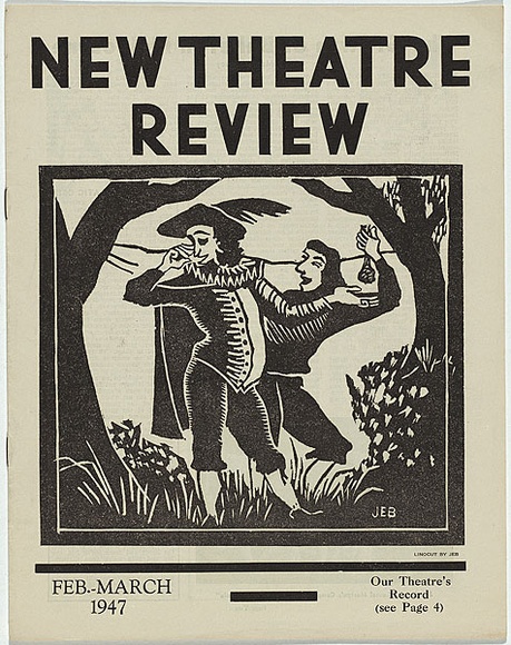 Artist: b'Bucklow, J.E.' | Title: b'(frontcover) New theatre review: February-March 1947.' | Date: February-March 1947 | Technique: b'linocut, printed in black ink, from one block; letterpress text'