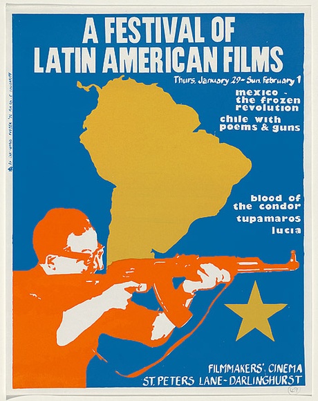 Artist: b'MACKINOLTY, Chips' | Title: b'A festival of Latin American films' | Date: 1976 | Technique: b'screenprint, printed in colour, from three stencils'