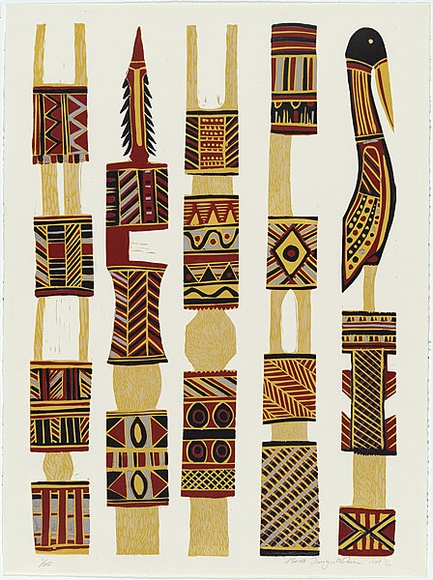 Artist: TUNGUTALUM, Bede | Title: Pukumani poles | Date: 1988 | Technique: linocut, printed in colour, from multiple blocks | Copyright: © Bede Tungutalum, Licensed by VISCOPY, Australia