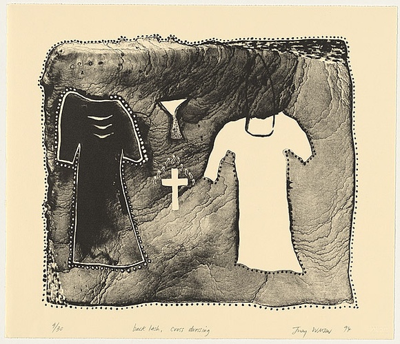 Artist: Watson, Judy. | Title: backlash, cross dressing | Date: 1995 | Technique: lithograph, printed in black ink, from one aluminium plate | Copyright: © Judy Watson. Licensed by VISCOPY, Australia