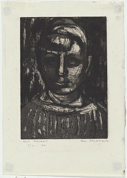 Artist: b'MADDOCK, Bea' | Title: b'Self-portrait' | Date: 1960 | Technique: b'etching, aquatint and softground etching, printed in black ink, from one zinc plate'