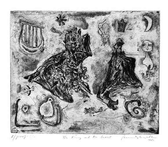 Artist: b'Slawik, Bernard.' | Title: b'The King and the beast.' | Date: 1988 | Technique: b'etching, aquatint, softground-etching and burnishing, printed in black ink, from one plate'