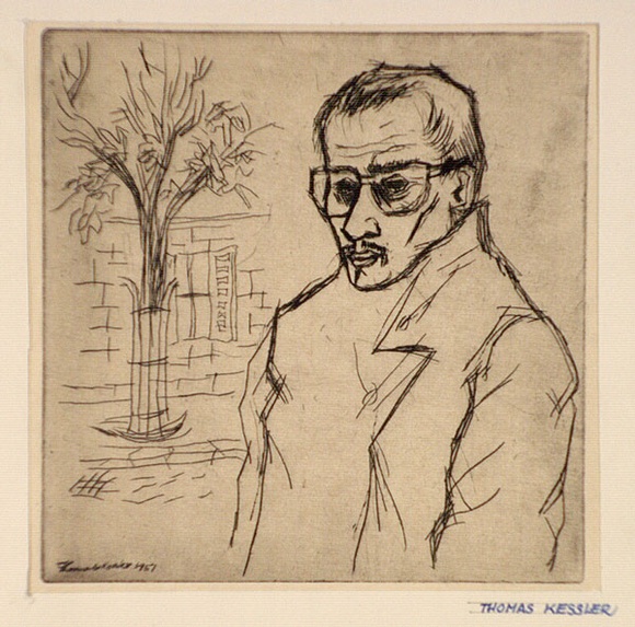 Artist: b'de Kesler, Thomas.' | Title: b'Self-portrait.' | Date: 1951 | Technique: b'etching and drypoint, printed in black ink with plate-tone, from one plate' | Copyright: b'\xc2\xa9 Thomas de Kessler'