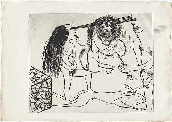 Artist: b'BOYD, Arthur' | Title: b'Nude figures with lion (lion tamer).' | Date: (1968-69) | Technique: b'drypoint, printed in black ink, from one plate' | Copyright: b'Reproduced with permission of Bundanon Trust'