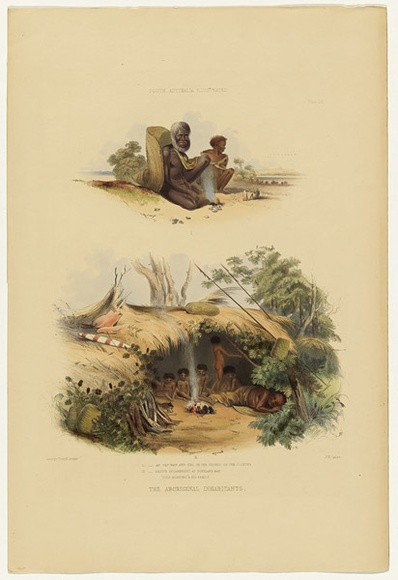 Artist: b'Angas, George French.' | Title: b'An old man and girl on the shores of the Coorong; Native encampment at Portland Bay.' | Date: 1846-47 | Technique: b'lithograph, printed in colour, from multiple stones; varnish highlights by brush'