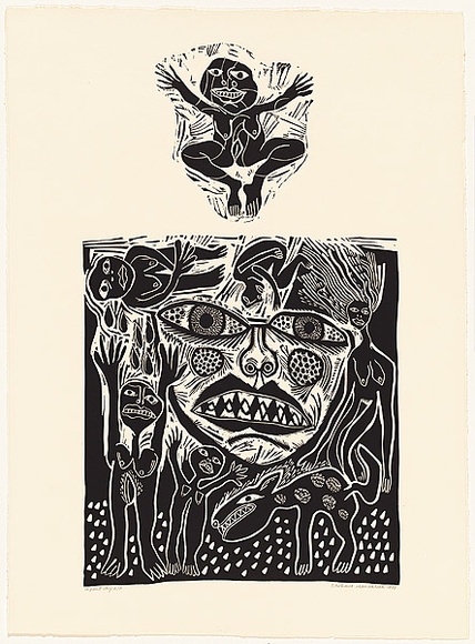 Artist: b'HANRAHAN, Barbara' | Title: b'Infant joy' | Date: 1988 | Technique: b'linocut, printed in black ink, from two blocks'