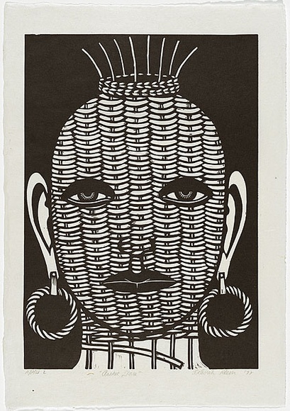 Artist: b'Klein, Deborah.' | Title: b'Basket face' | Date: 1997 | Technique: b'linocut, printed in black ink, from one block'