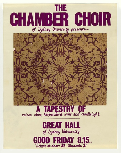 Artist: b'MACKINOLTY, Chips' | Title: b'The Chamber Choir of Sydney University' | Date: c.1975 | Technique: b'screenprint, printed in colour, from two stencils'