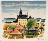 Artist: Sumner, Alan. | Title: Roofs with school steeple | Date: 1946 | Technique: screenprint, printed in colour, from 15 stencils