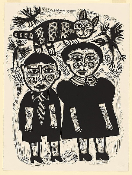 Artist: b'HANRAHAN, Barbara' | Title: b'Boy and girl' | Date: 1987 | Technique: b'linocut, printed in black ink, from one block'