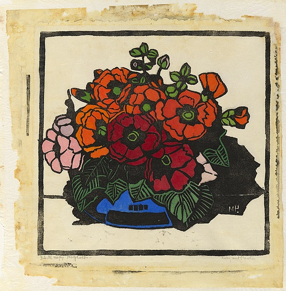 Artist: b'PRESTON, Margaret' | Title: b'Hollyhocks' | Date: 1928 | Technique: b'woodcut, printed in black ink, from one block; hand-coloured' | Copyright: b'\xc2\xa9 Margaret Preston. Licensed by VISCOPY, Australia'