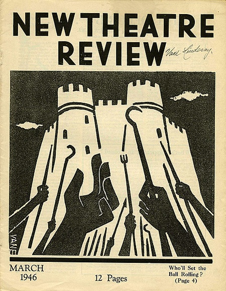 Title: b'New theatre review: March 1946' | Date: February 1946 | Technique: b'linocut, printed in black ink, from one block; letterpress text'