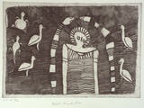Artist: KARADADA, Rosie | Title: not titled [Wandjina figure flanked by two snakes, birds, turtle and goanna] | Date: 2000, October | Technique: etching, printed in black ink, from one plate