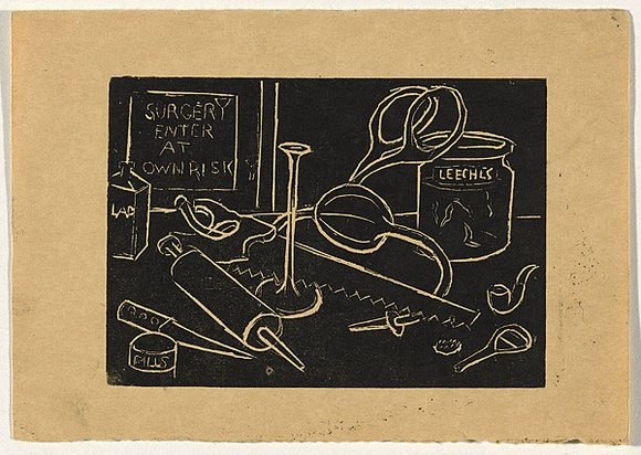 Artist: b'Bell, George..' | Title: b'(Surgery).' | Technique: b'linocut, printed in black ink, from one block'