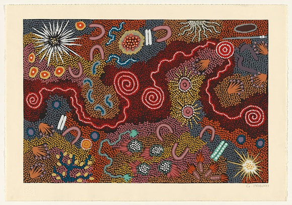 Artist: b'Possum Nungurray, Gabriella.' | Title: b'Bush fire dreaming.' | Date: 1998/99 | Technique: b'screenprint, printed in colour, from 26 stencils'