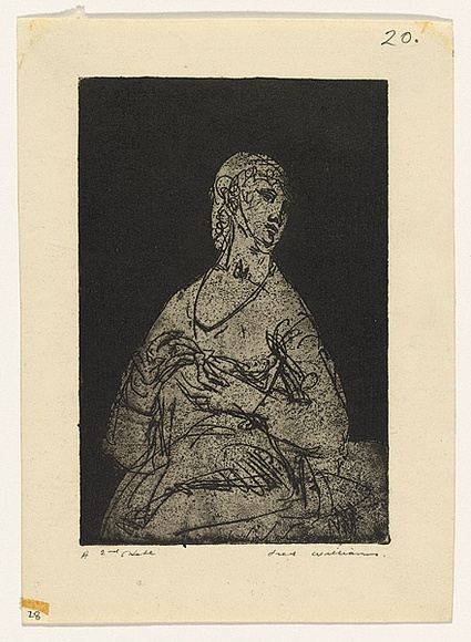 Artist: b'WILLIAMS, Fred' | Title: b'The engagement ring. Number 2' | Date: 1955-56 | Technique: b'etching and aquatint, printed in black ink, from one zinc plate' | Copyright: b'\xc2\xa9 Fred Williams Estate'