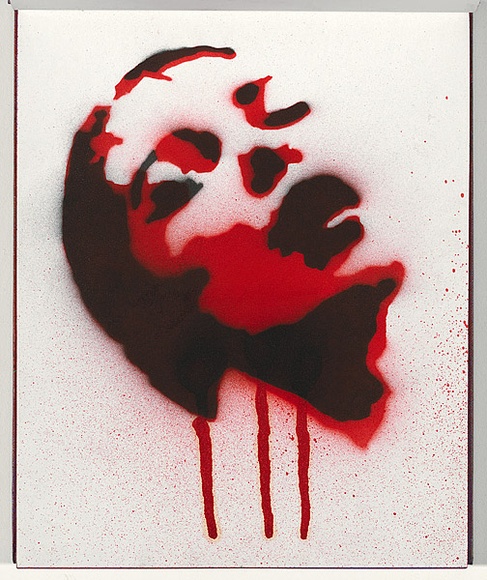 Title: b'Derailed' | Date: 2003 | Technique: b'stencil, printed in red and black aerosol paint, from two stencils'