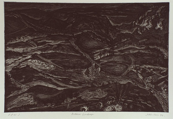 Artist: Faulkner, Jeff. | Title: Victorian landscape | Date: 1991 - 1992, December - January | Technique: etching and aquatint, printed in black ink, with plate-tone, from one plate