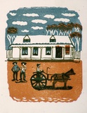 Artist: OGILVIE, Helen | Title: Greeting card: The Village Belle Hotel | Technique: linocut, printed in colour, from multiple blocks