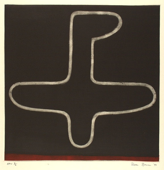 Artist: b'Bowen, Dean.' | Title: b'not titled [aeroplane with red strip]' | Date: 1991 | Technique: b'etching, printed in red and black ink, from two plates'