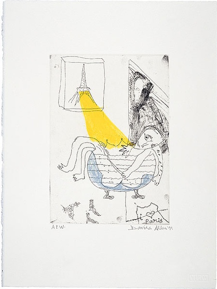 Artist: b'Allen, Davida' | Title: b'This is not an old, long, colonial bath' | Date: 1991, July - September | Technique: b'etching, printed in black ink, from one plate; hand-coloured'