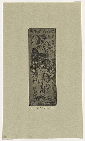 Artist: b'WILLIAMS, Fred' | Title: b'Barge boy by Paddington Canal' | Date: 1954-55 | Technique: b'etching and drypoint, printed in black ink, from one copper plate' | Copyright: b'\xc2\xa9 Fred Williams Estate'