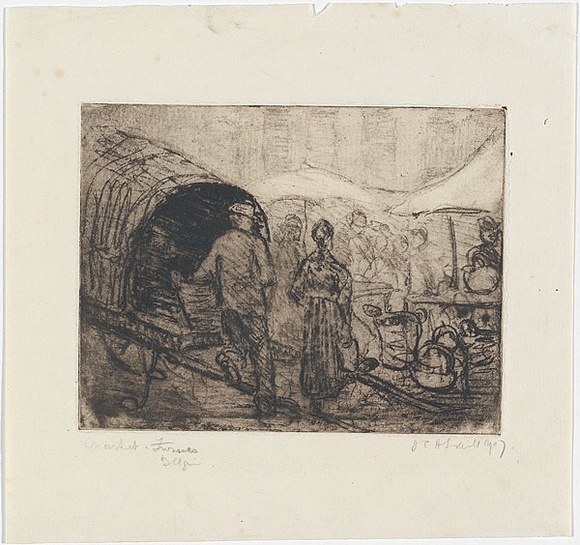 Artist: b'TRAILL, Jessie' | Title: b'Market, Furnes, Belgium' | Date: 1907 | Technique: b'softground etching, printed in black ink, from one plate'